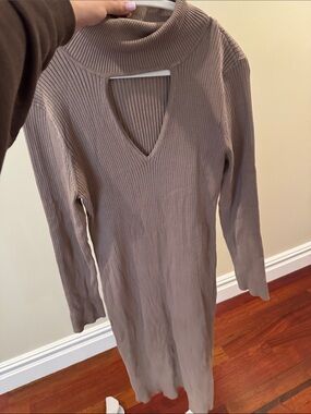 DKNY Taupe Ribbed Long Sleeve Knit Dress